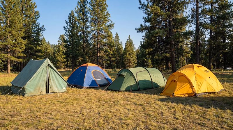 Four tents set up side by side in a grassy field: an A-frame, a dome, a tunnel tent, and a four-season tent, each clearly showing its distinctive shape