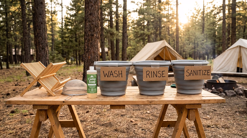 A camp dishwashing station showing three labeled buckets (Wash, Rinse, Sanitize) set up on a camp table with a mesh strainer and biodegradable soap nearby