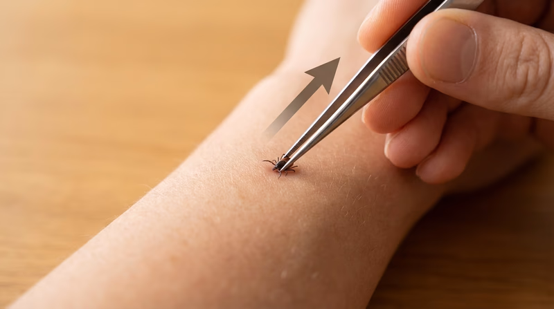 A close-up illustration showing the correct technique for removing a tick with fine-tipped tweezers, pulling straight out from the skin