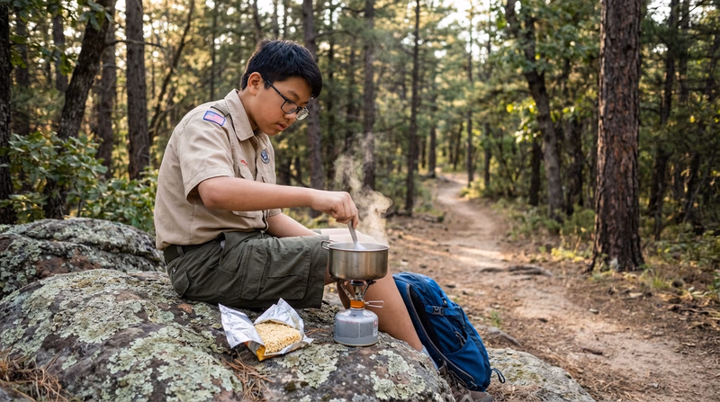 A Scout cooking a simple trail meal on a lightweight canister stove at a trail rest stop, with a small pot of boiling water and a food packet nearby
