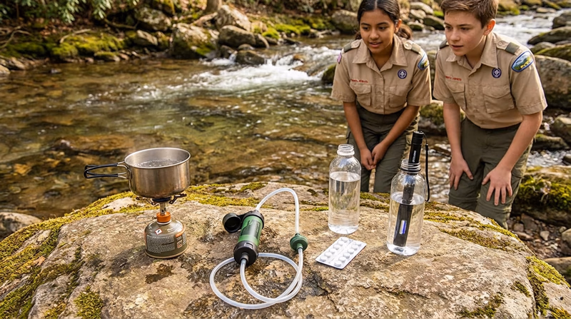 A camp table showing four water treatment methods side by side: a pot of boiling water on a stove, a pump filter, chemical tablets, and a UV light pen