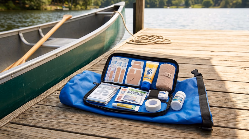 A well-organized first aid kit laid out on a dry bag beside a canoe, showing labeled supplies: bandages, moleskin, sunscreen, electrolyte packets, cold pack, elastic wrap