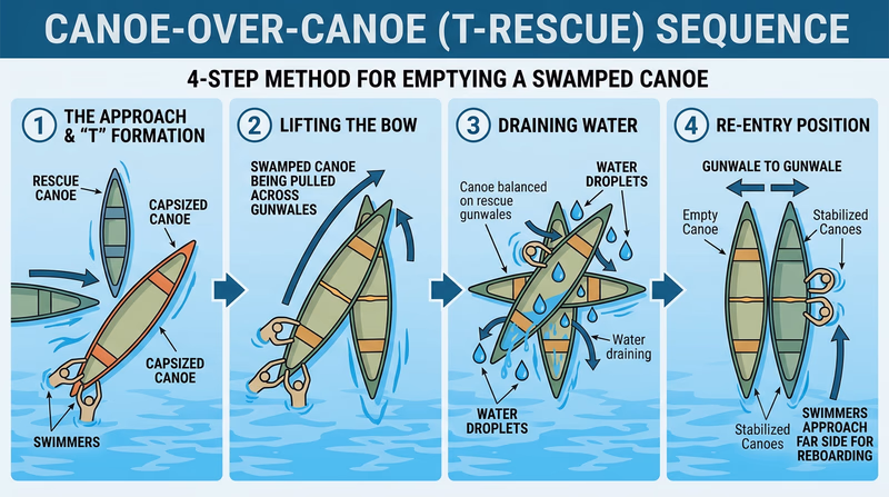 A top-down diagram showing the T-rescue sequence: rescue canoe approaching perpendicular, swamped canoe being pulled across the rescue canoe's gunwales to drain, and the two canoes held side-by-side for paddler reentry
