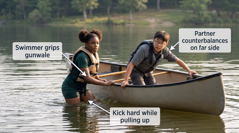 One Scout in the water gripping the near gunwale of a canoe while the other Scout leans over the far side to counterbalance during a deep-water reentry