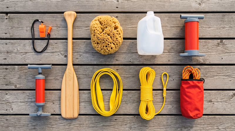 A flat-lay photo of canoe safety equipment arranged on a dock: whistle on a lanyard, extra paddle, large sponge, cut-jug bailer, hand bilge pump, rescue sling, coiled painter rope, and a throw bag