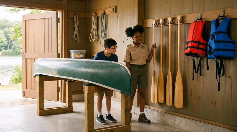A canoe stored properly upside down on a wooden rack in a boathouse, with paddles hung vertically on wall hooks nearby and life jackets hanging on pegs