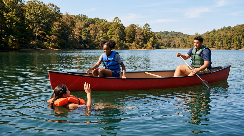 A rescue canoe approaching a conscious swimmer in the water — the swimmer has one hand raised, the bow paddler is communicating, and the stern paddler is positioning the canoe alongside