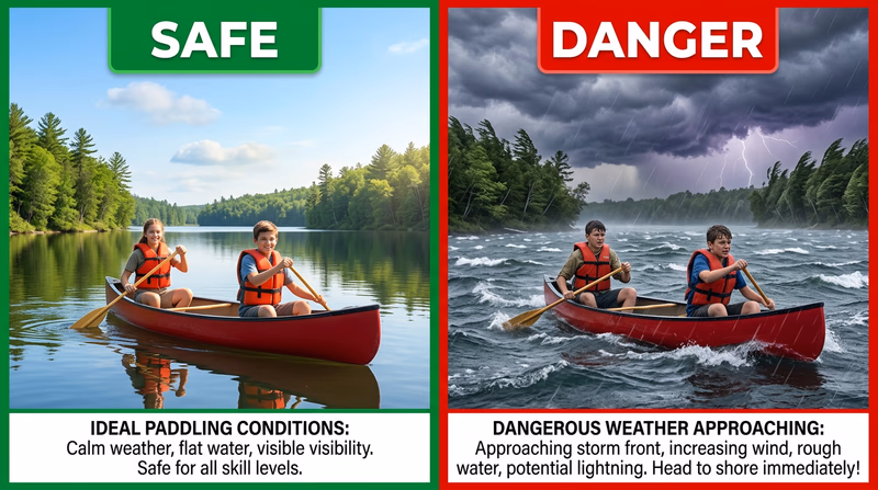 A split scene showing two conditions: calm sunny canoeing on the left and a dark stormy sky with wind-driven whitecaps approaching on the right