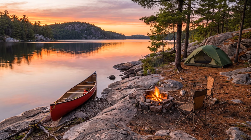 A canoe beached on a rocky lakeshore at sunset in a wilderness setting, with a small campfire and tent visible nearby, calm reflective water and pine-covered hills in the background