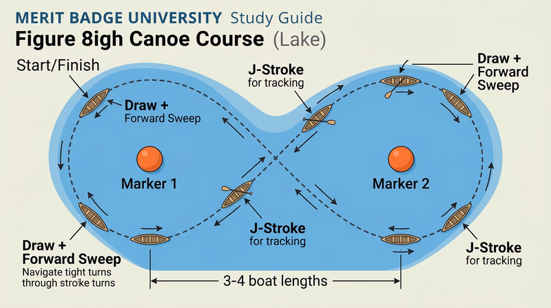 A top-down diagram of a figure-eight course with two markers (buoys), showing the canoe's path around them with arrows indicating direction, stroke labels at key points in the turns