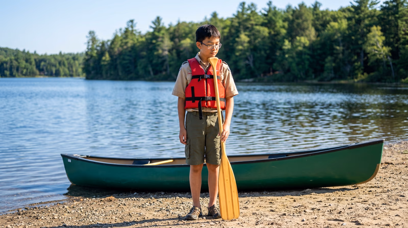 A Scout kneeling beside a canoe on shore, holding a paddle upside down with the grip on the ground, demonstrating the 90-degree arm angle sizing method