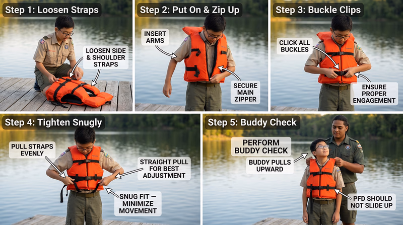 A step-by-step sequence showing a Scout putting on a life jacket: loosening straps, zipping up, buckling clips, tightening, and a buddy performing the lift test