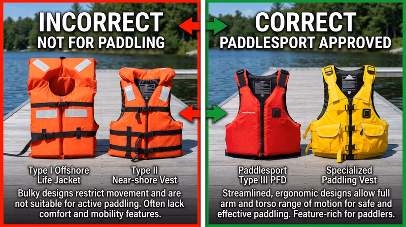 Four life jackets side by side on a dock: Type I (bulky offshore), Type II (near-shore vest), Type III (paddlesport), and Type V (special use) — each labeled with type number and best use case