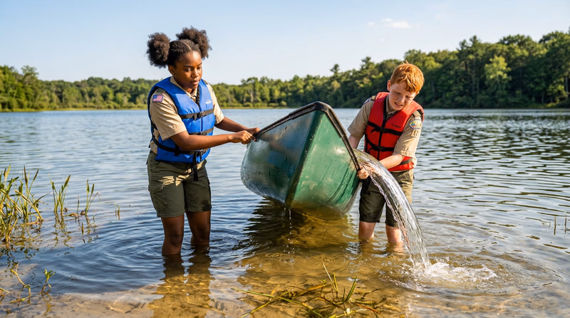 Two Scouts in waist-deep water rolling a swamped canoe on its side to drain water, life jackets on, shallow lake bottom visible