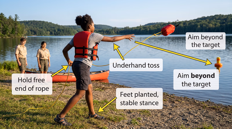 A Scout on shore in a throwing stance, releasing a throw bag underhand toward a target in the water, with the rope paying out behind the bag in an arc