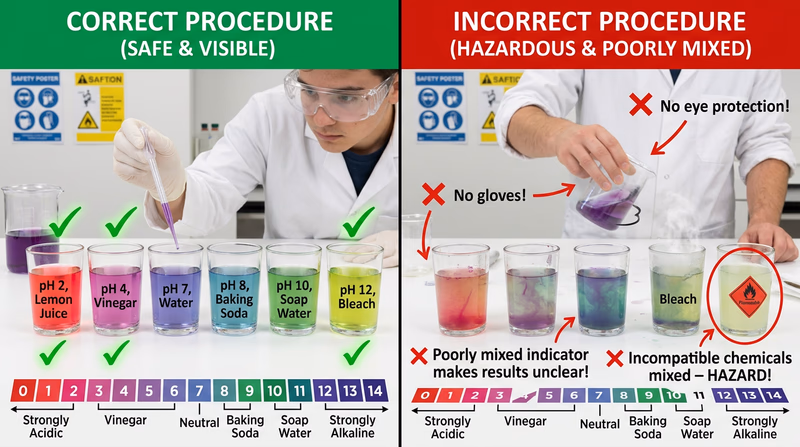 Six clear cups showing red cabbage indicator at different pH levels, ranging from red (acidic) through purple (neutral) to green (basic)