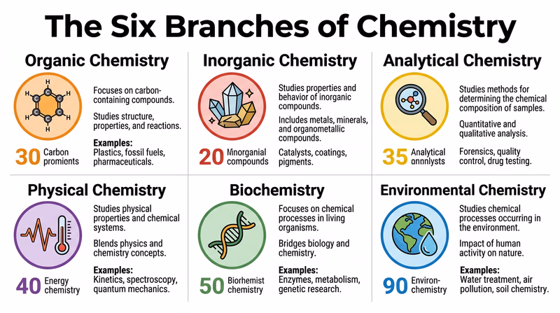 An infographic showing six branches of chemistry with icons: organic, inorganic, analytical, physical, biochemistry, and environmental
