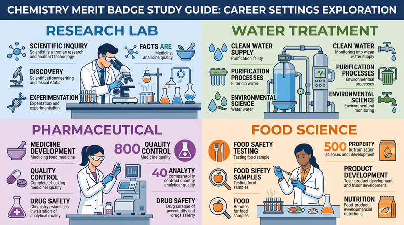 A collage showing four chemistry career settings: a research lab, a water treatment plant, a pharmaceutical facility, and a food testing lab