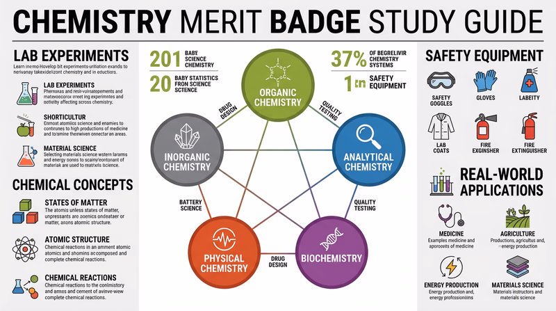 A web diagram showing five main fields of chemistry as interconnected nodes with lines showing how they overlap and interact