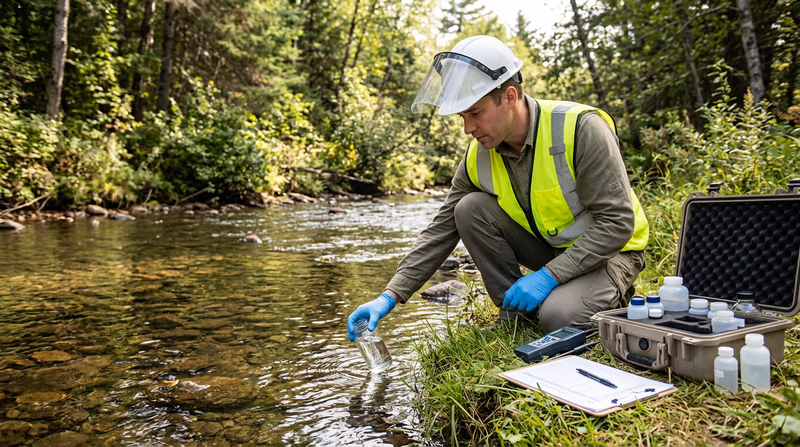 An environmental scientist collecting water samples from a river, wearing protective equipment, with testing equipment visible