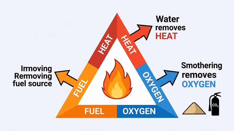 The fire triangle showing heat, fuel, and oxygen, with arrows indicating how different extinguishers remove each element