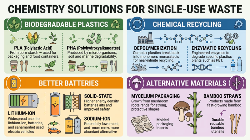 An infographic showing four chemistry solutions for single-use waste: biodegradable plastics, chemical recycling, better batteries, and alternative materials