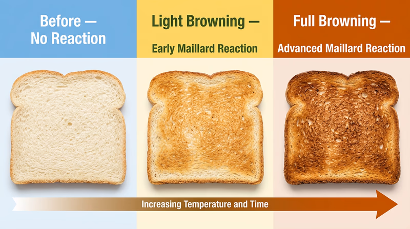 Three stages of bread toasting showing the progression of the Maillard reaction from fresh to golden to deep brown