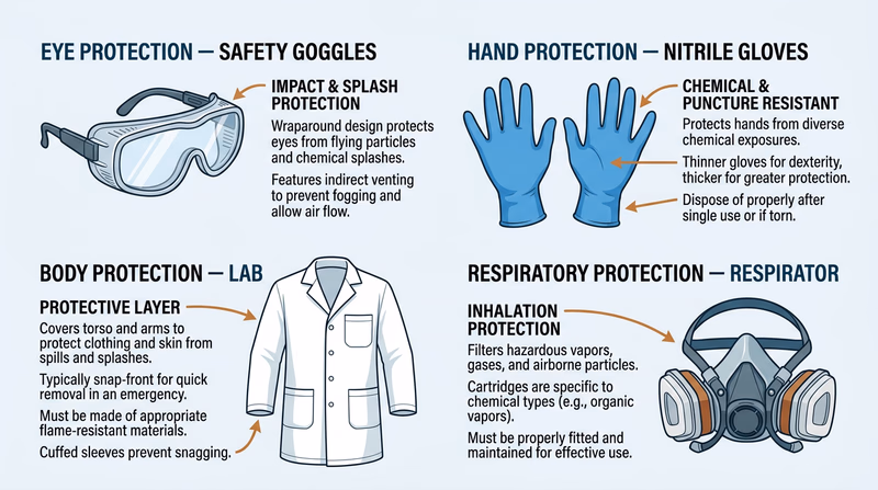 Four types of PPE for chemistry: safety goggles, nitrile gloves, a lab coat, and a respirator, each clearly labeled