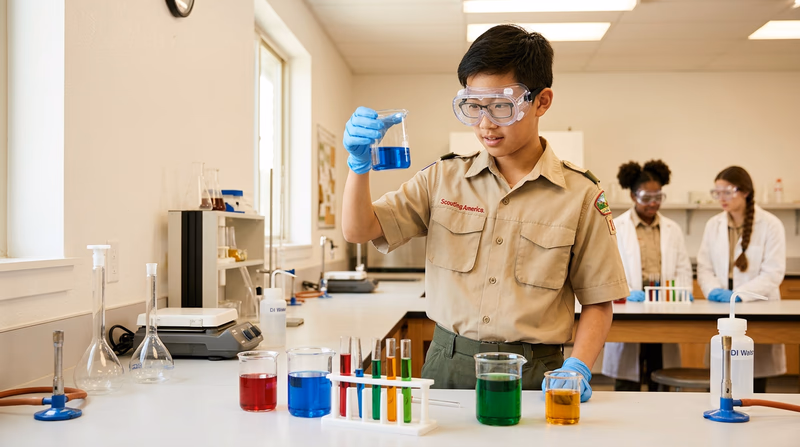 A Scout wearing safety goggles and gloves, working at a chemistry lab bench with colorful solutions in beakers and test tubes