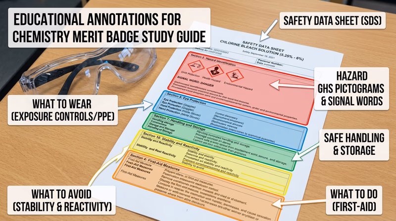 A Safety Data Sheet document with key sections highlighted and labeled, showing Section 2 (Hazards) and Section 8 (PPE) prominently
