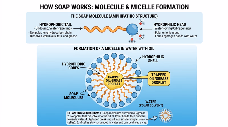 A diagram showing a soap molecule with its hydrophilic head and hydrophobic tail, surrounding a dirt particle in water