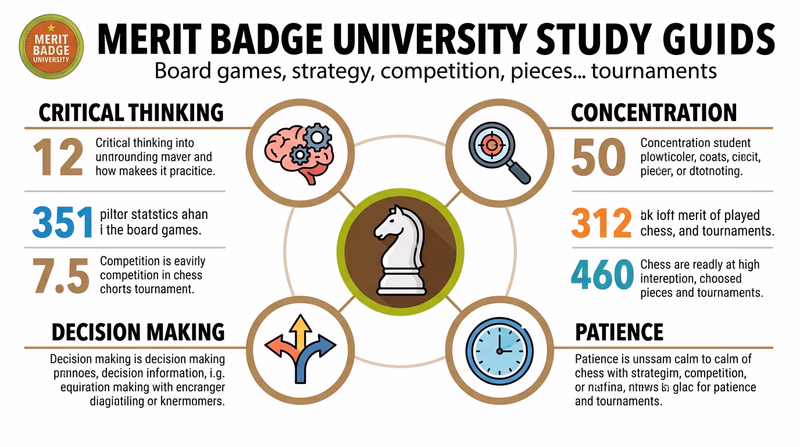 Infographic showing four connected circles — Critical Thinking, Concentration, Decision Making, and Patience — arranged around a central chess knight piece