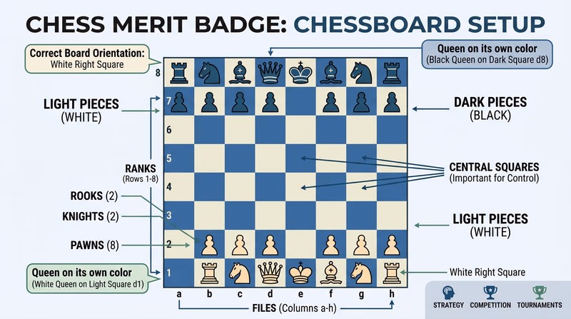 A correctly set up chessboard showing all 32 pieces in their starting positions, with file and rank labels visible