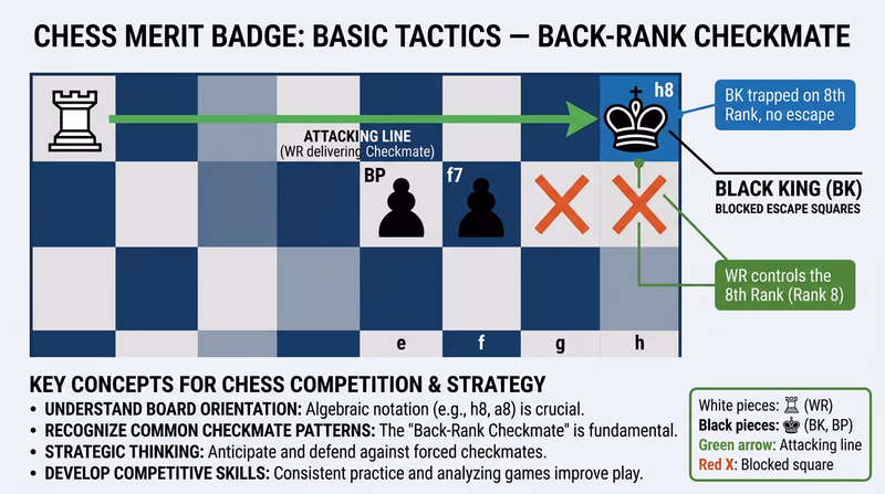 Chess board diagram showing a back-rank checkmate with a rook delivering checkmate to a king trapped by its own pawns