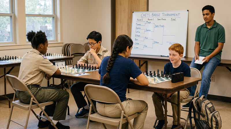 A small casual chess tournament in a community room with teenagers playing chess and a tournament bracket on a whiteboard in the background