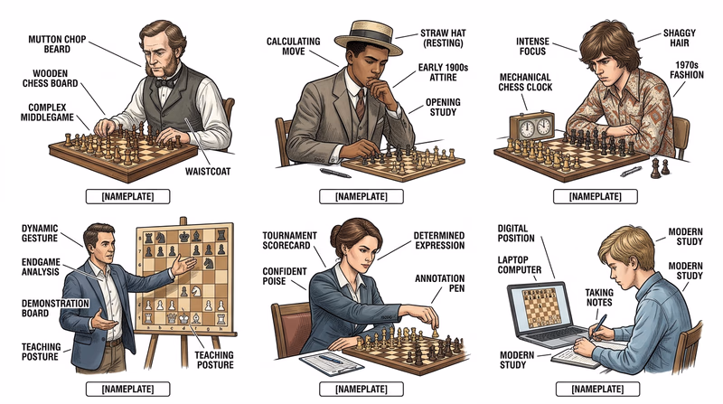 Six portrait-style illustrations of chess players in thoughtful poses, each seated at a chess board, arranged in two rows of three