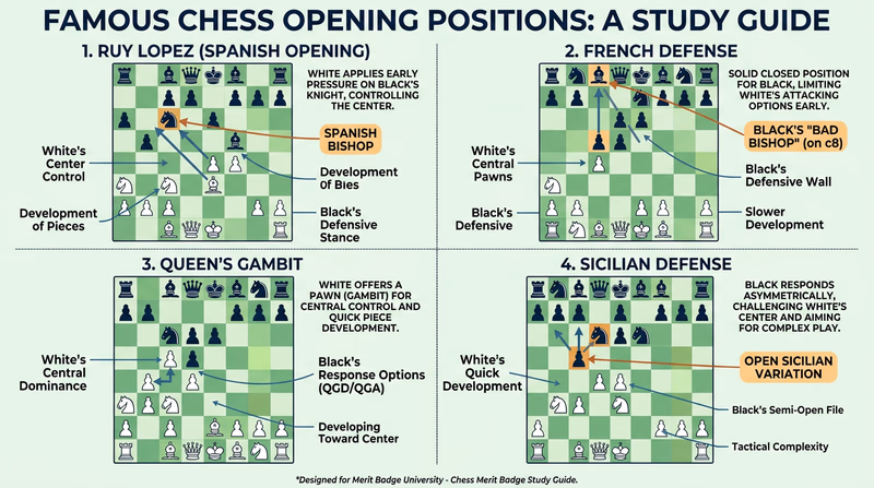 Four chess board diagrams showing positions after five moves of the Ruy Lopez, French Defense, Queen's Gambit Declined, and Sicilian Defense
