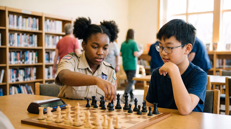 Two teenagers sitting across from each other at a chess board in a community center, one mid-move, both concentrating intently, with a chess clock beside the board