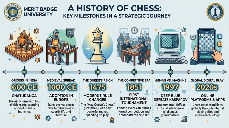 An infographic-style timeline showing key moments in chess history from ancient India through medieval Europe to modern day