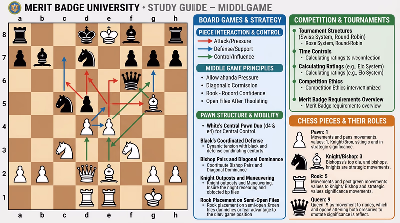 Chess board diagram showing a complex middle game position with pieces actively deployed across the board