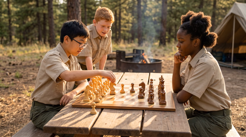 A wooden chess set on an outdoor picnic table at a campsite, with pine trees in the background and warm afternoon sunlight casting long shadows across the board