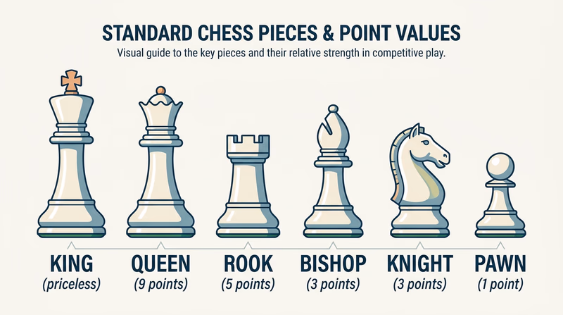 Six classic Staunton chess pieces in a row — king, queen, rook, bishop, knight, pawn — each labeled with its name