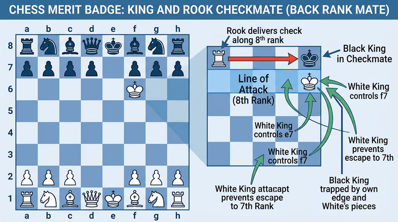 Chess board diagram showing the final checkmate position with king and rook versus king, with the rook delivering checkmate along the 8th rank