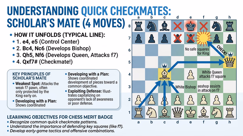 Chess board diagram showing the final position of Scholar's Mate with the queen delivering checkmate on f7 supported by the bishop