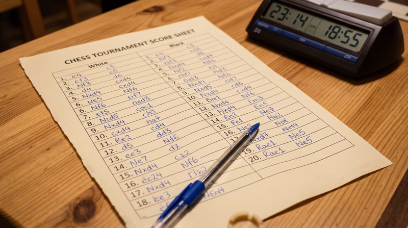 Close-up photograph of a chess tournament score sheet partially filled out with algebraic notation, a pen resting on the paper