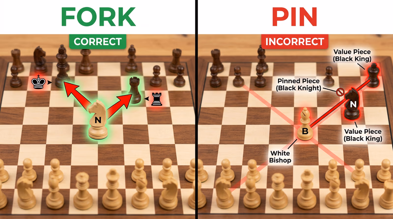 Comparison diagram showing a knight fork on the left (knight attacking king and rook simultaneously) and a bishop pin on the right (bishop pinning a knight to the king)