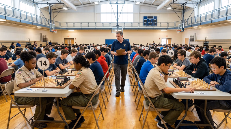 Wide-angle photograph of a youth chess tournament with rows of tables, chess boards, clocks, and players concentrating on their games