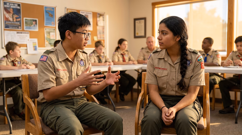 Two young people sitting face-to-face, one speaking and the other listening attentively with engaged body language