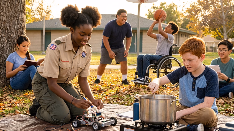 A diverse group of young people each doing something that defies common stereotypes