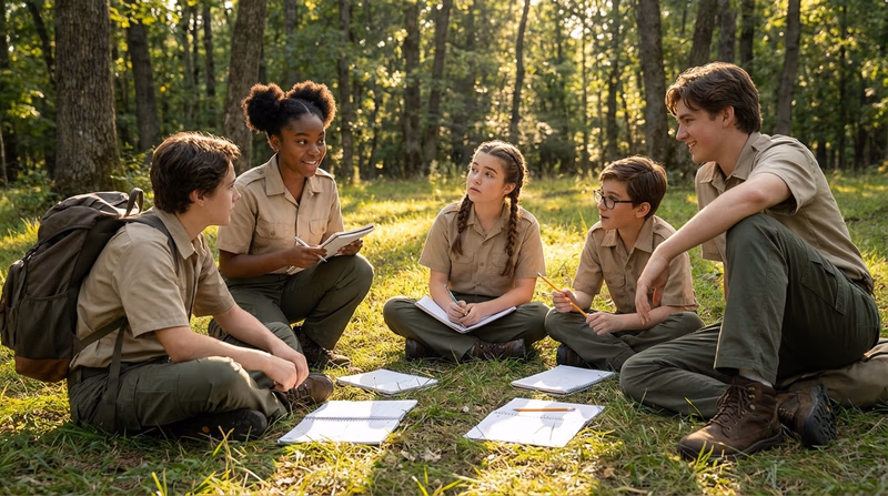 A diverse group of Scouts sitting in a circle outdoors, having an engaged conversation